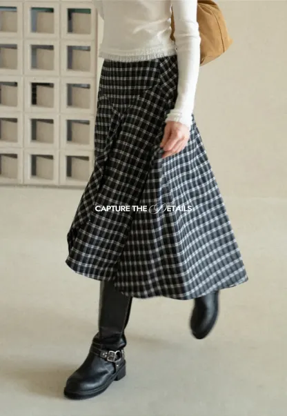 Asymmetrical Hem Plaid Midi Skirt