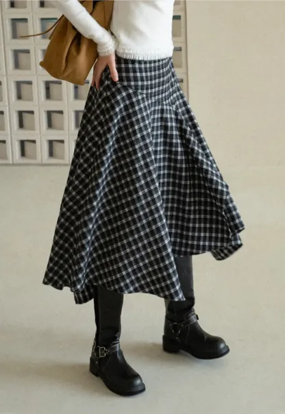 Asymmetrical Hem Plaid Midi Skirt