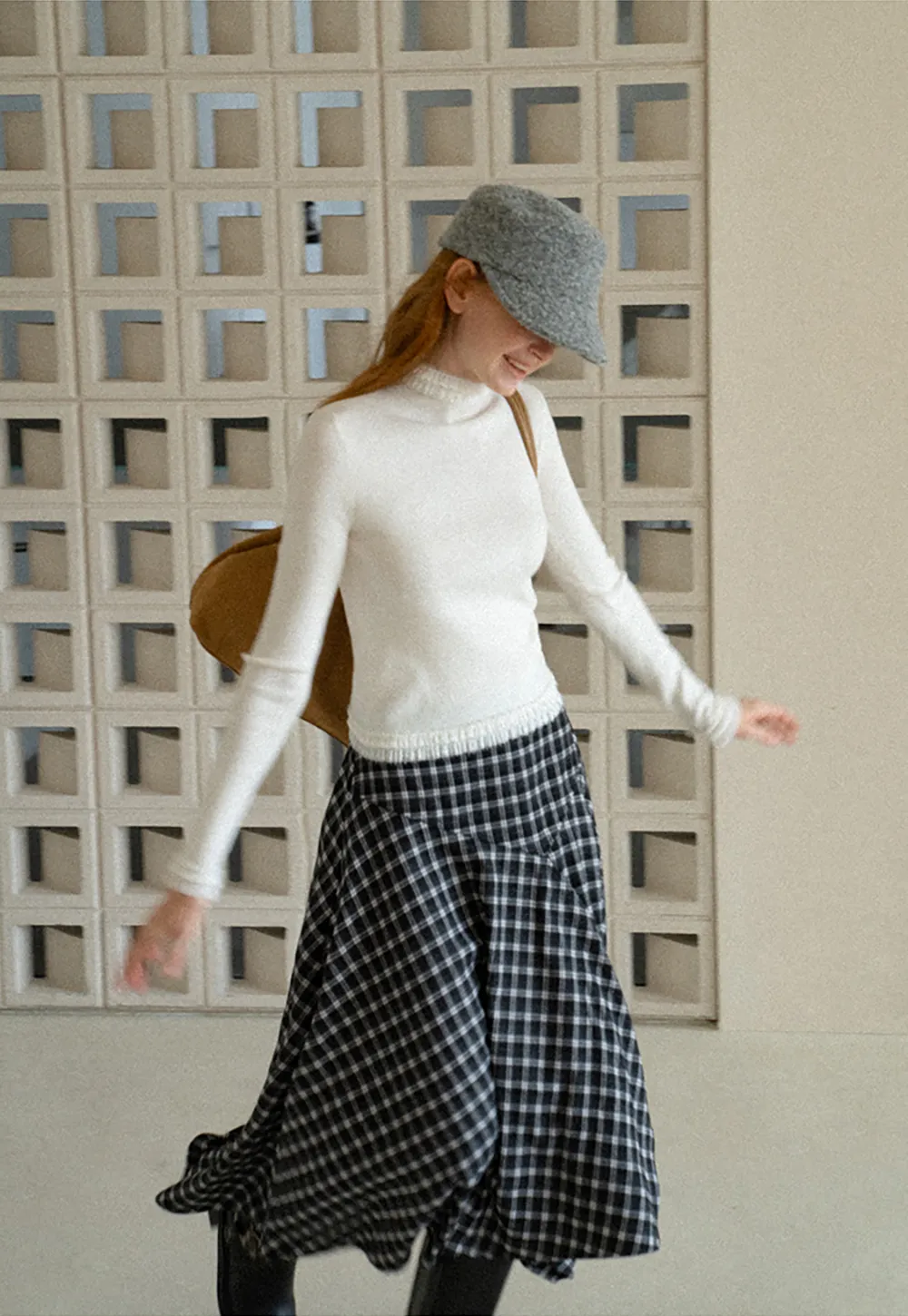 Asymmetrical Hem Plaid Midi Skirt