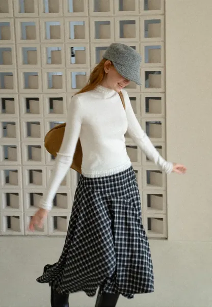 Asymmetrical Hem Plaid Midi Skirt