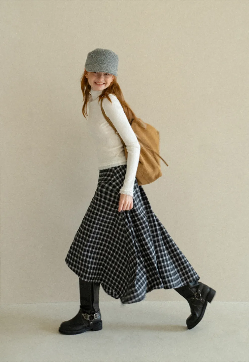 Asymmetrical Hem Plaid Midi Skirt