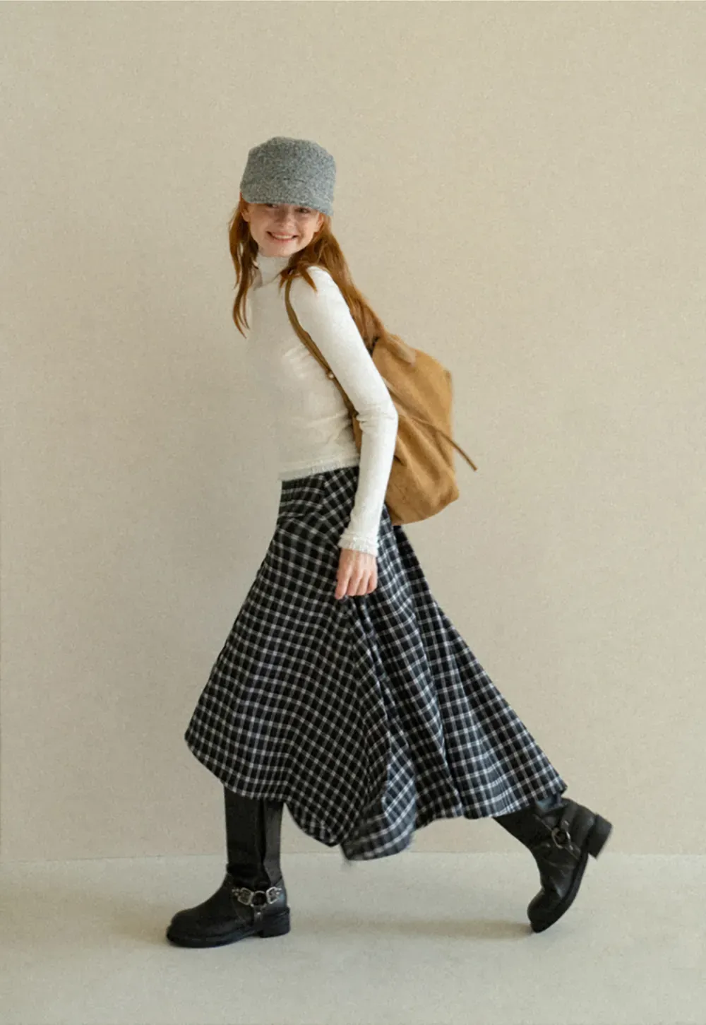 Asymmetrical Hem Plaid Midi Skirt