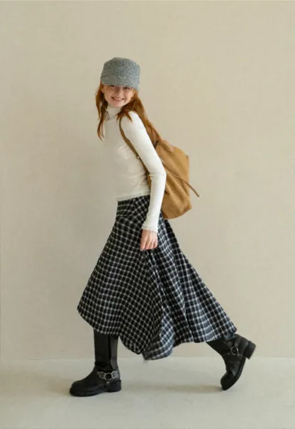 Asymmetrical Hem Plaid Midi Skirt