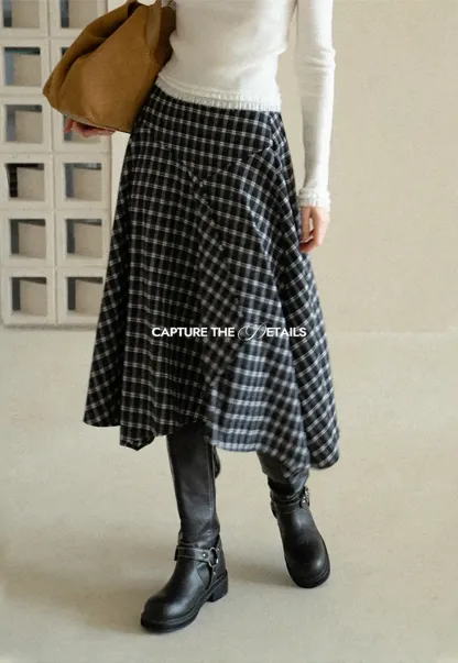 Asymmetrical Hem Plaid Midi Skirt