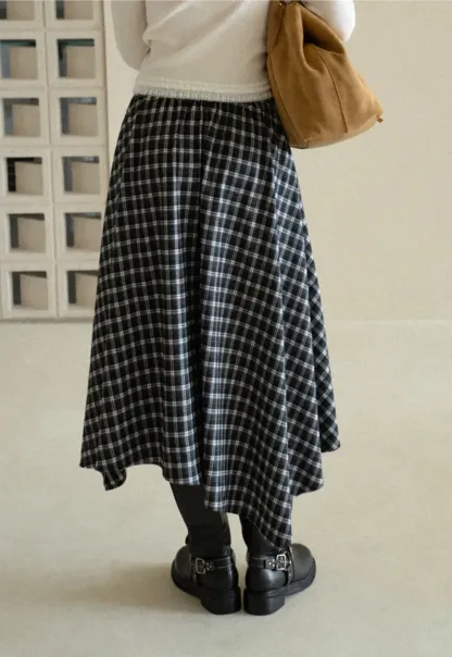 Asymmetrical Hem Plaid Midi Skirt