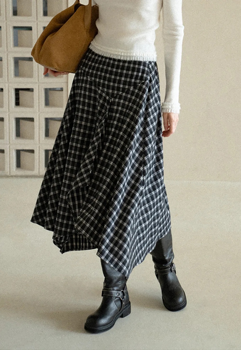 Asymmetrical Hem Plaid Midi Skirt