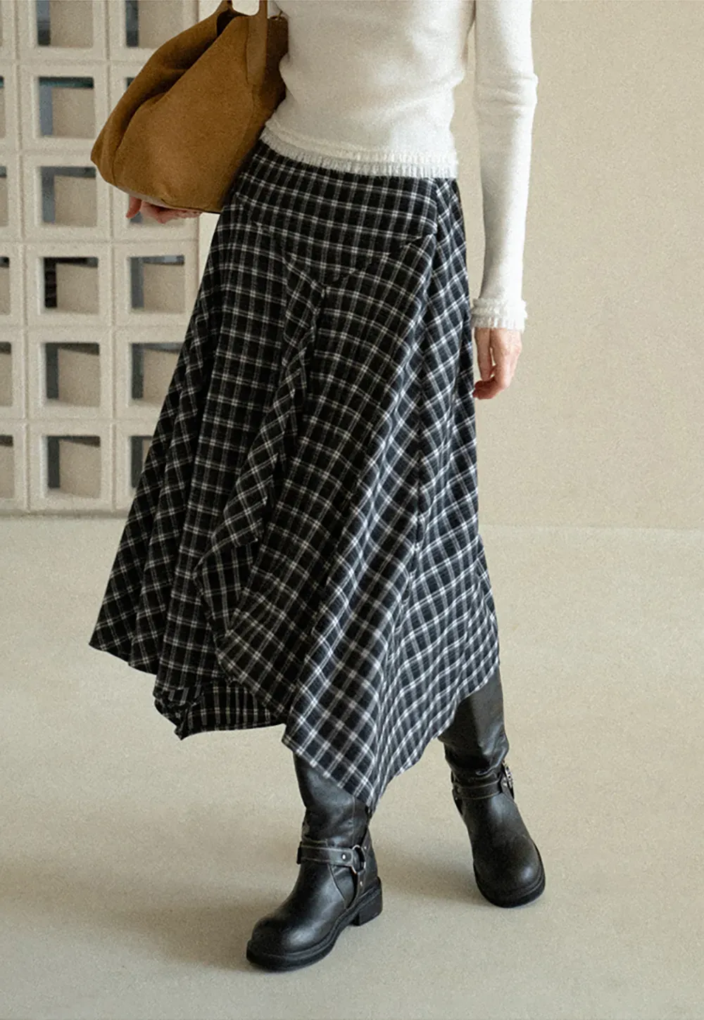 Asymmetrical Hem Plaid Midi Skirt