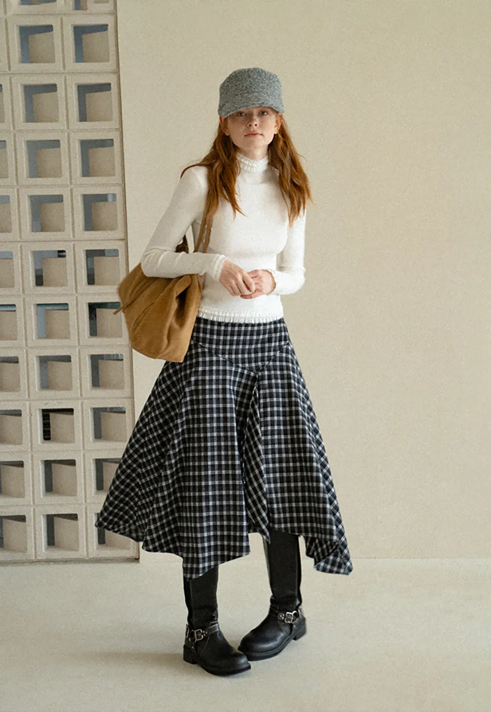 Asymmetrical Hem Plaid Midi Skirt