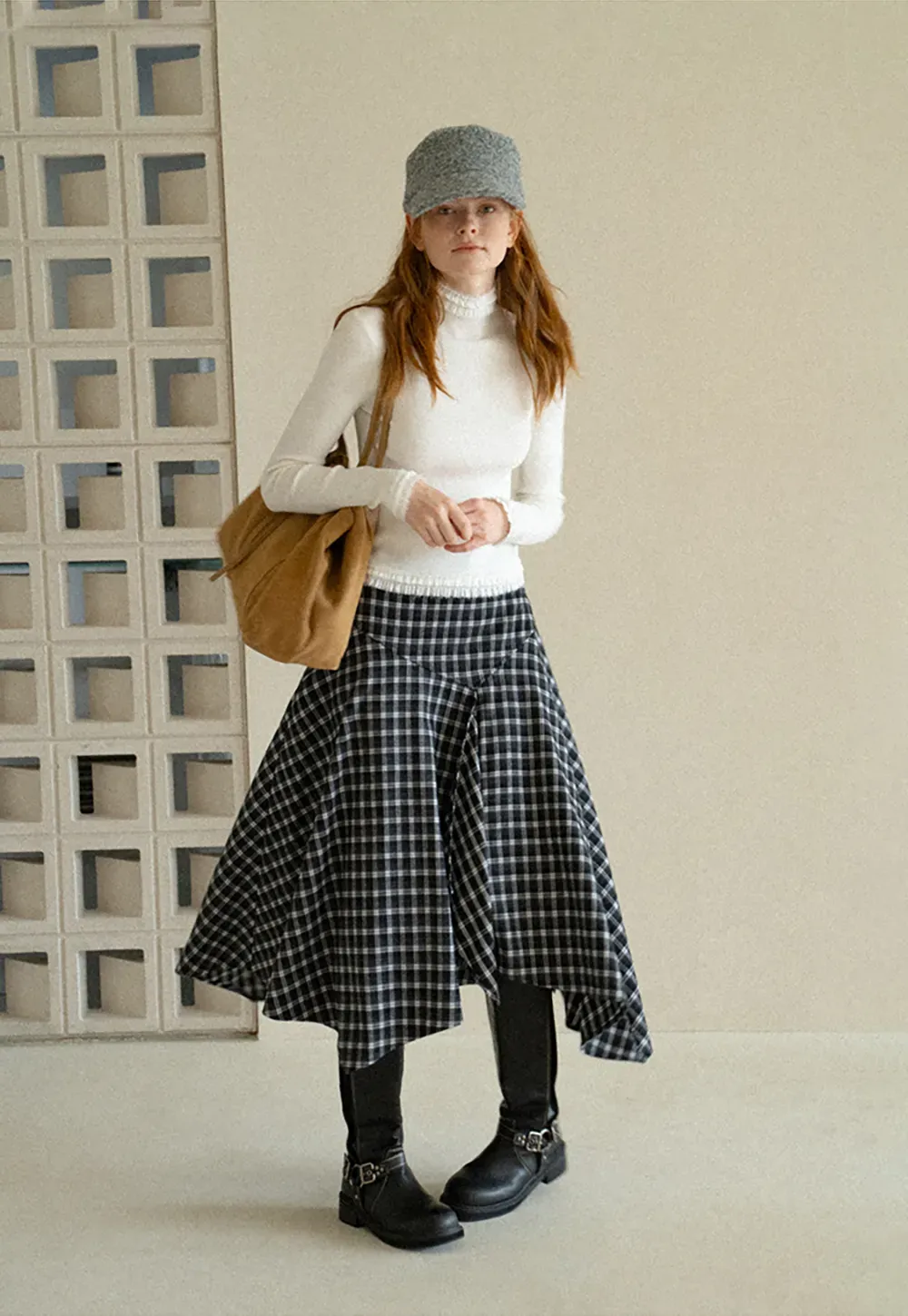 Asymmetrical Hem Plaid Midi Skirt