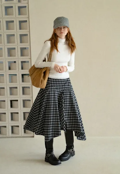 Asymmetrical Hem Plaid Midi Skirt