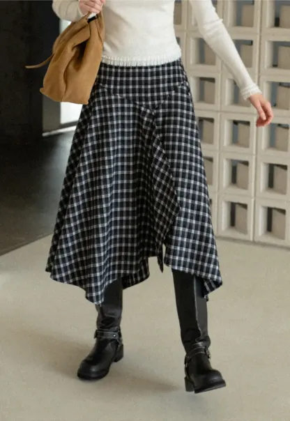 Asymmetrical Hem Plaid Midi Skirt