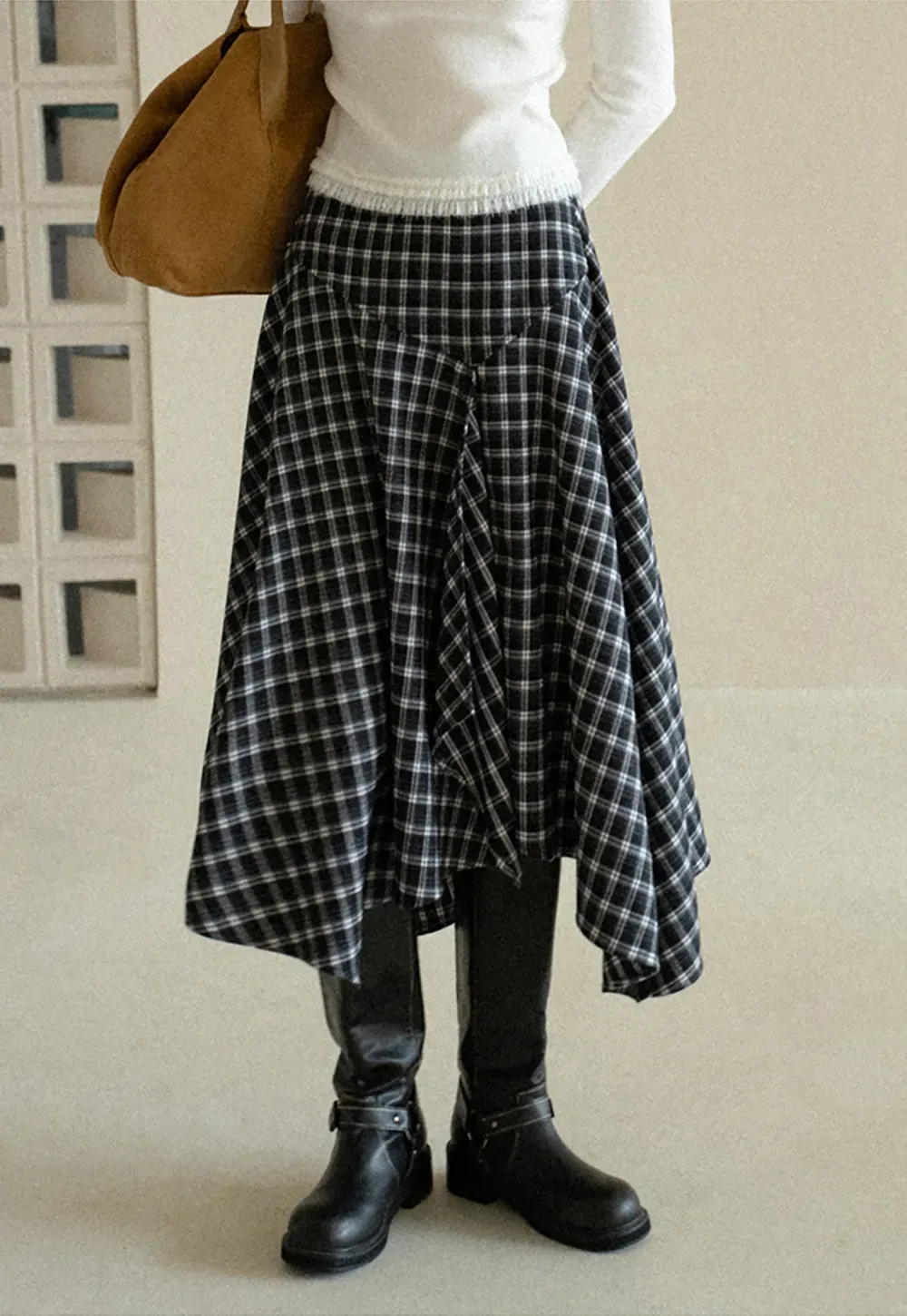 Asymmetrical Hem Plaid Midi Skirt