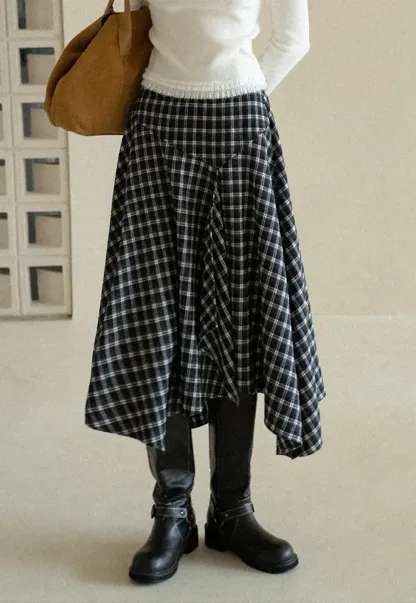 Asymmetrical Hem Plaid Midi Skirt