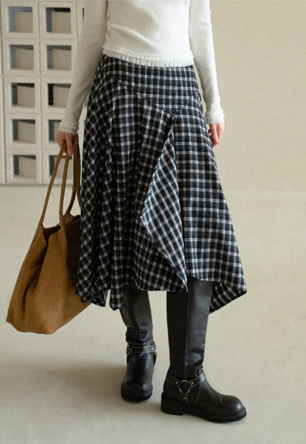 Asymmetrical Hem Plaid Midi Skirt