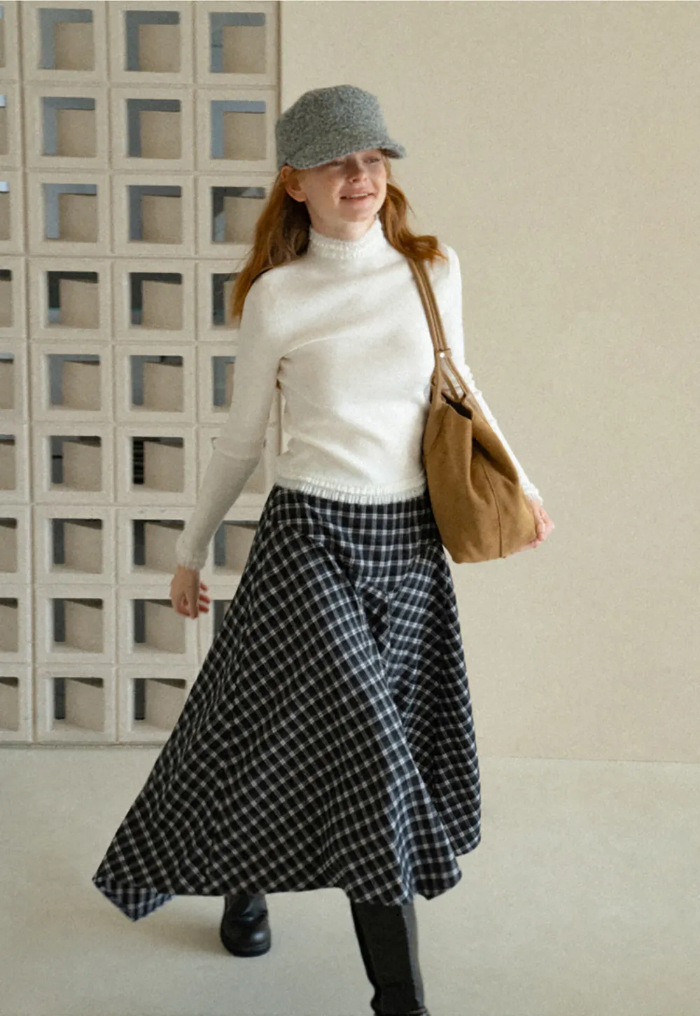 Asymmetrical Hem Plaid Midi Skirt
