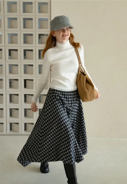 Asymmetrical Hem Plaid Midi Skirt