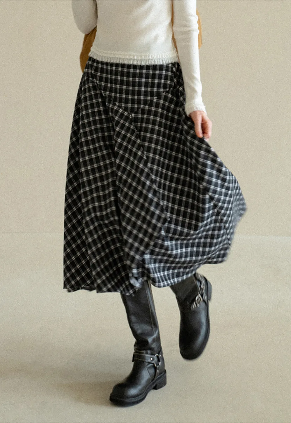 Asymmetrical Hem Plaid Midi Skirt