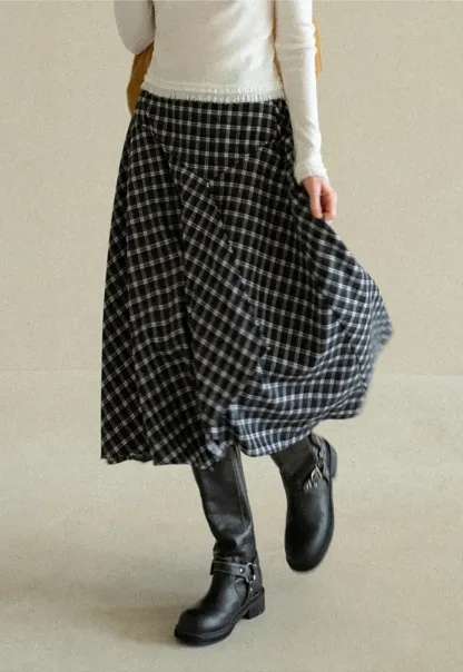 Asymmetrical Hem Plaid Midi Skirt