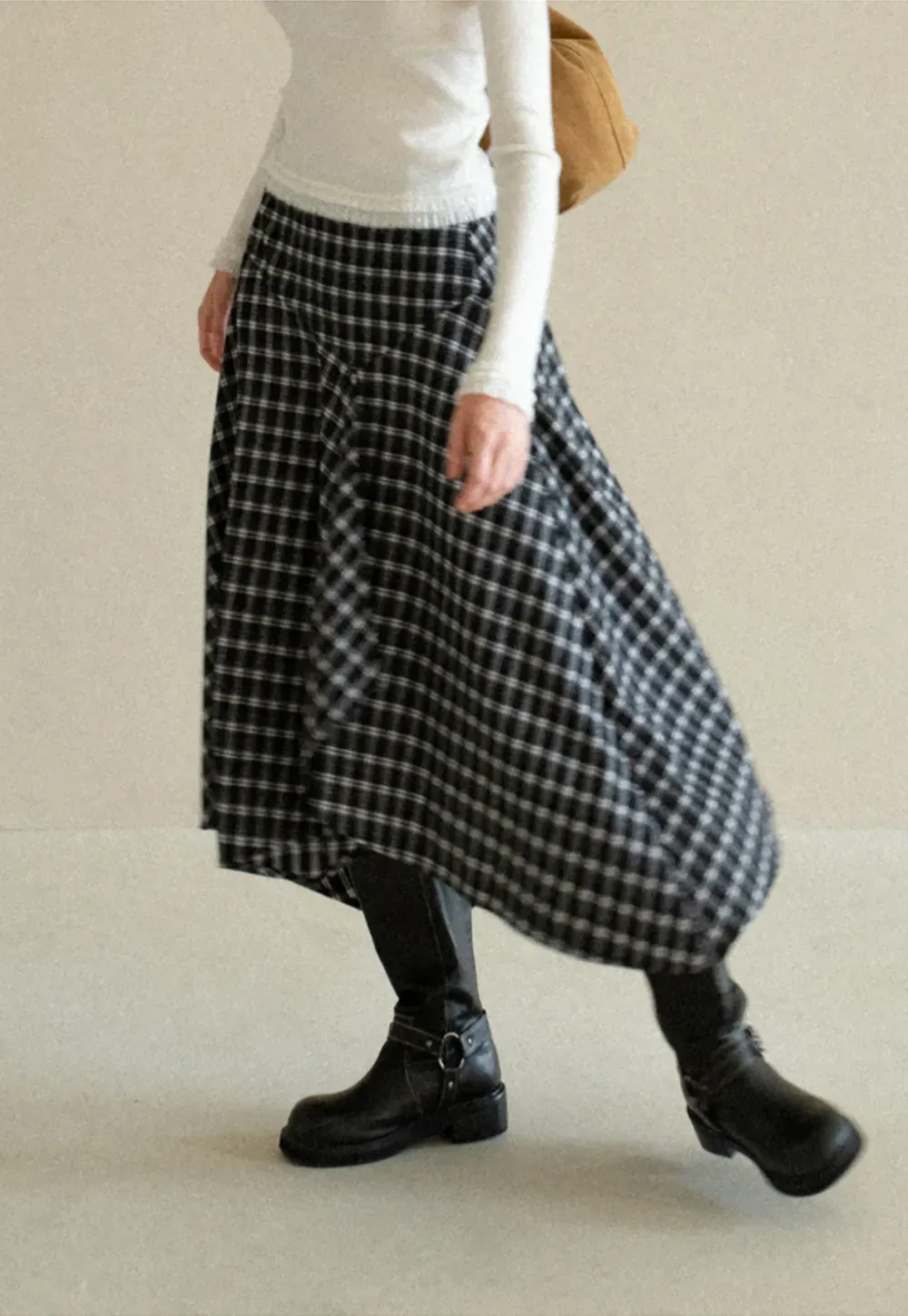 Asymmetrical Hem Plaid Midi Skirt