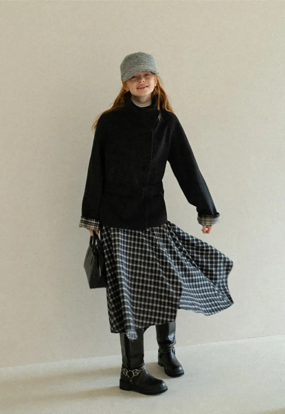 Asymmetrical Hem Plaid Midi Skirt