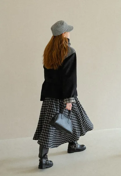Asymmetrical Hem Plaid Midi Skirt