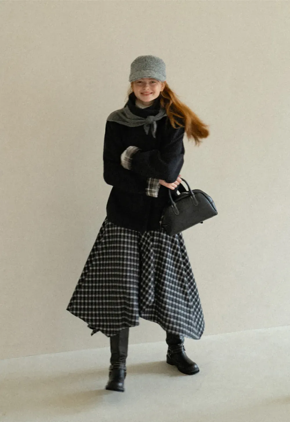 Asymmetrical Hem Plaid Midi Skirt