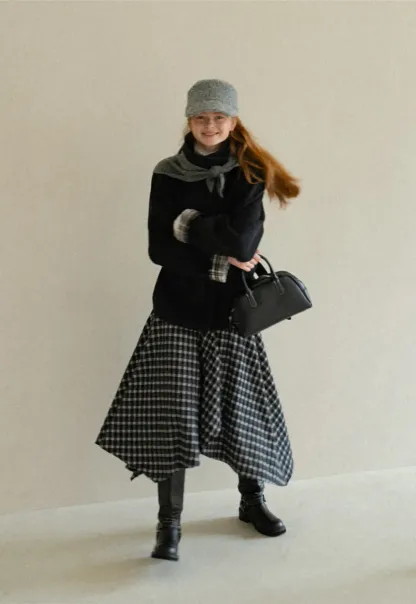 Asymmetrical Hem Plaid Midi Skirt
