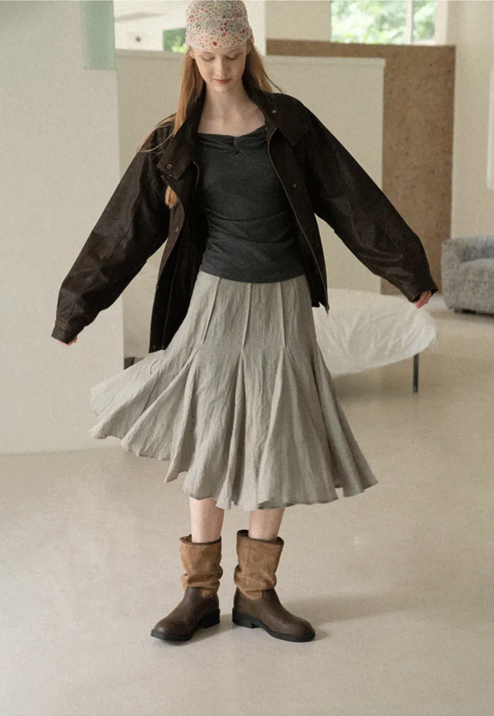 Pleated A-Line Midi Skirt