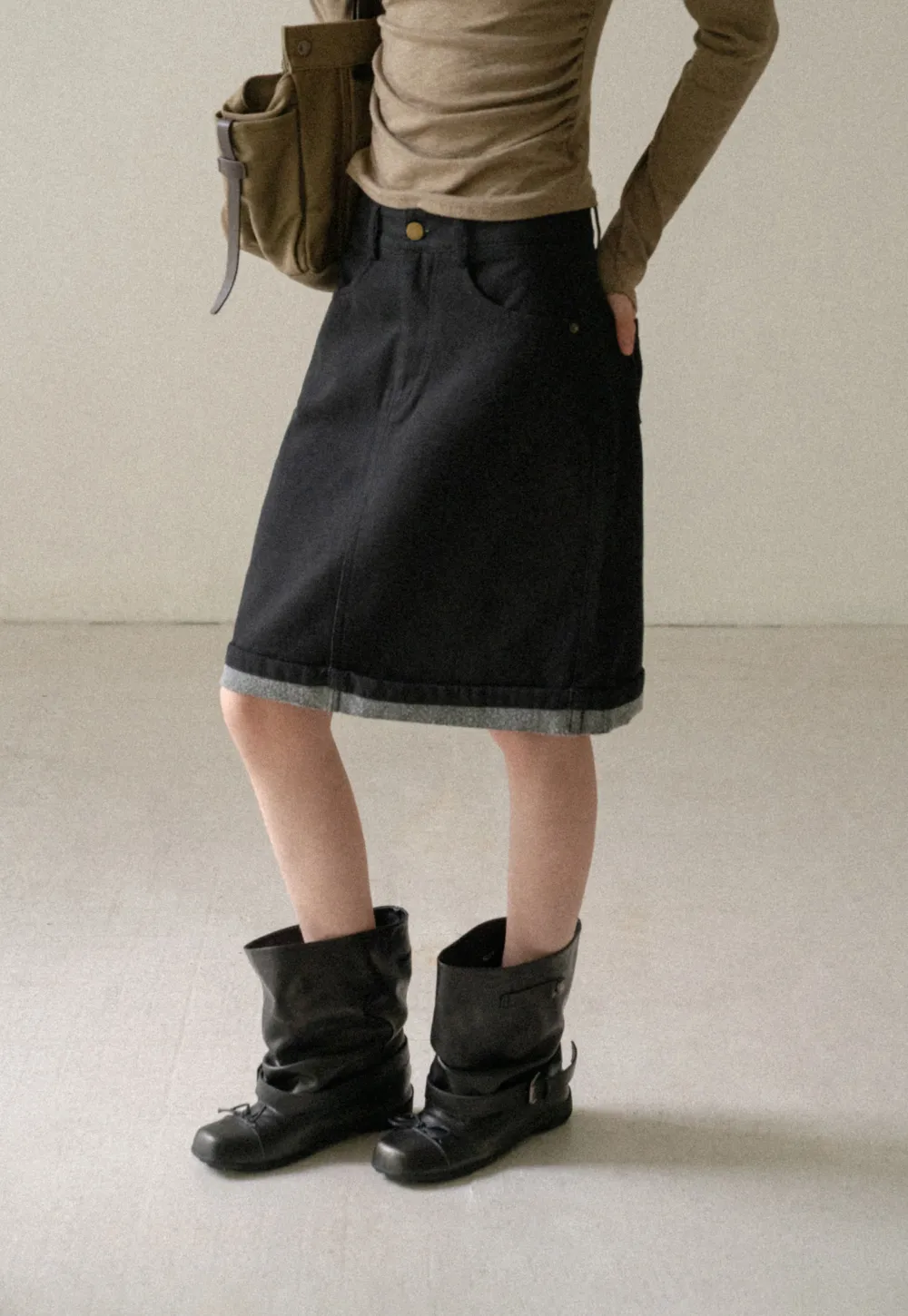 Rolled Hem Denim A-Line Skirt