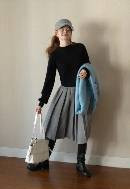 Pleated A-Line Midi Skirt