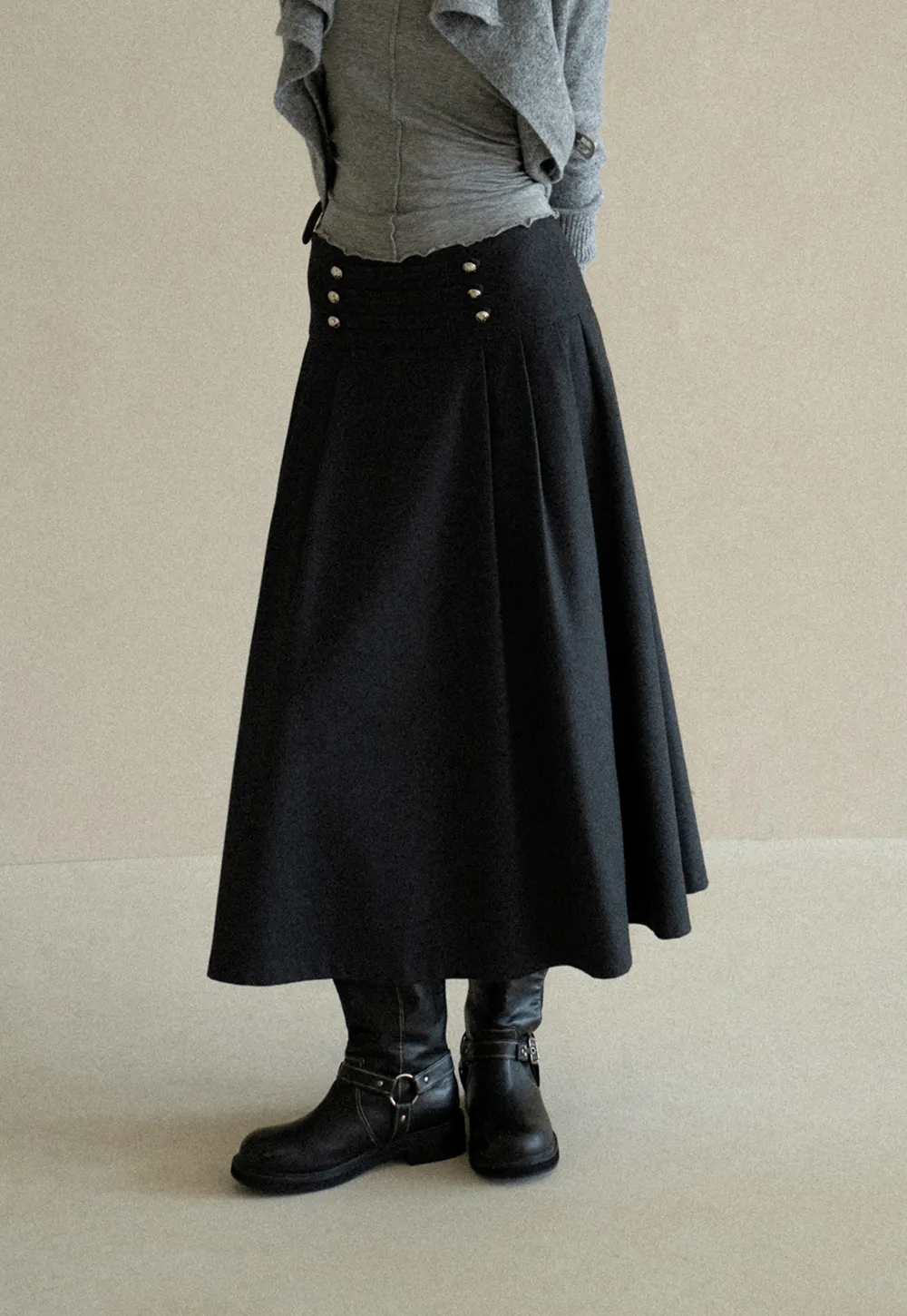 High Waist Pleated Skirt with Decorative Buttons