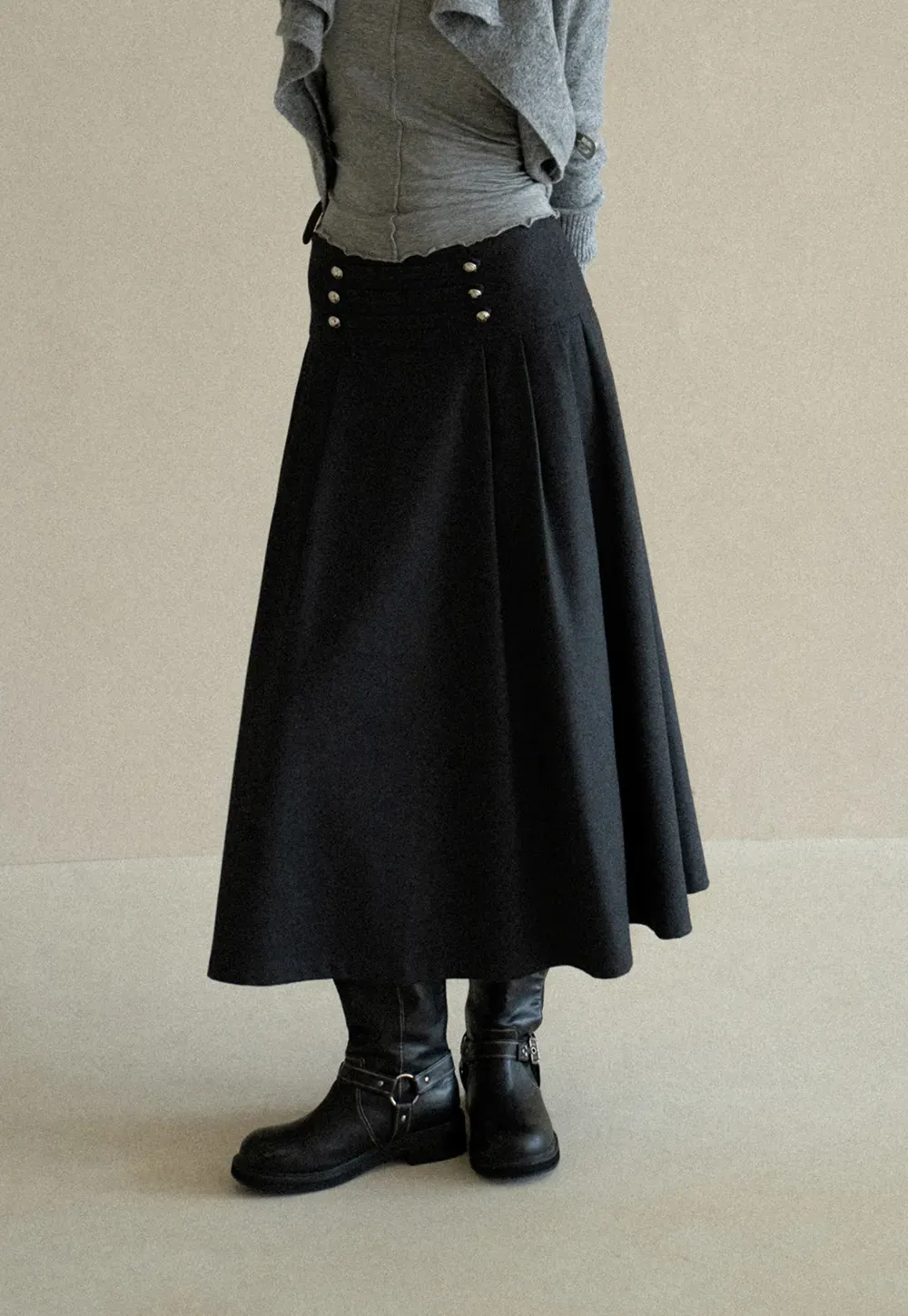 High Waist Pleated Skirt with Decorative Buttons