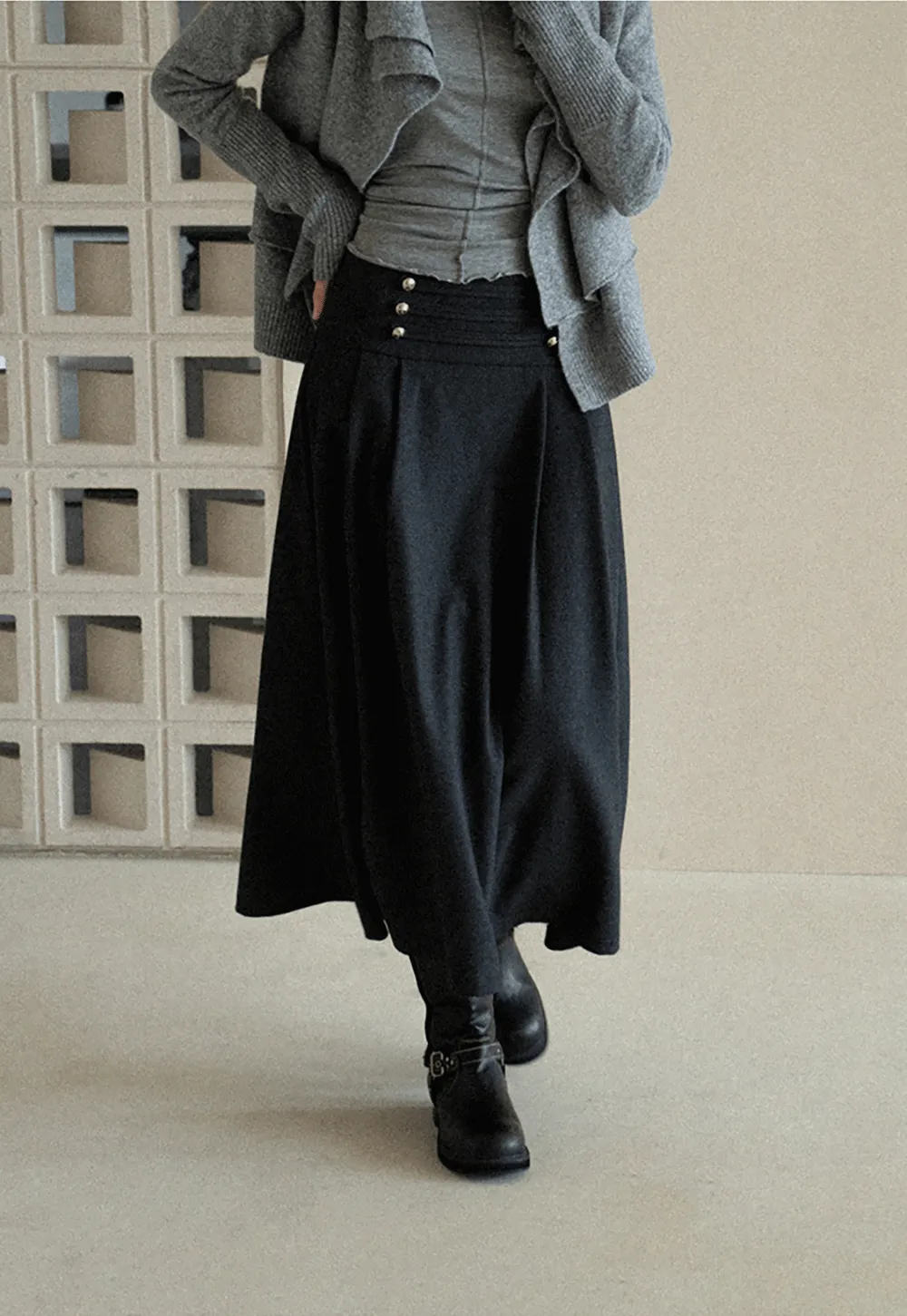 High Waist Pleated Skirt with Decorative Buttons