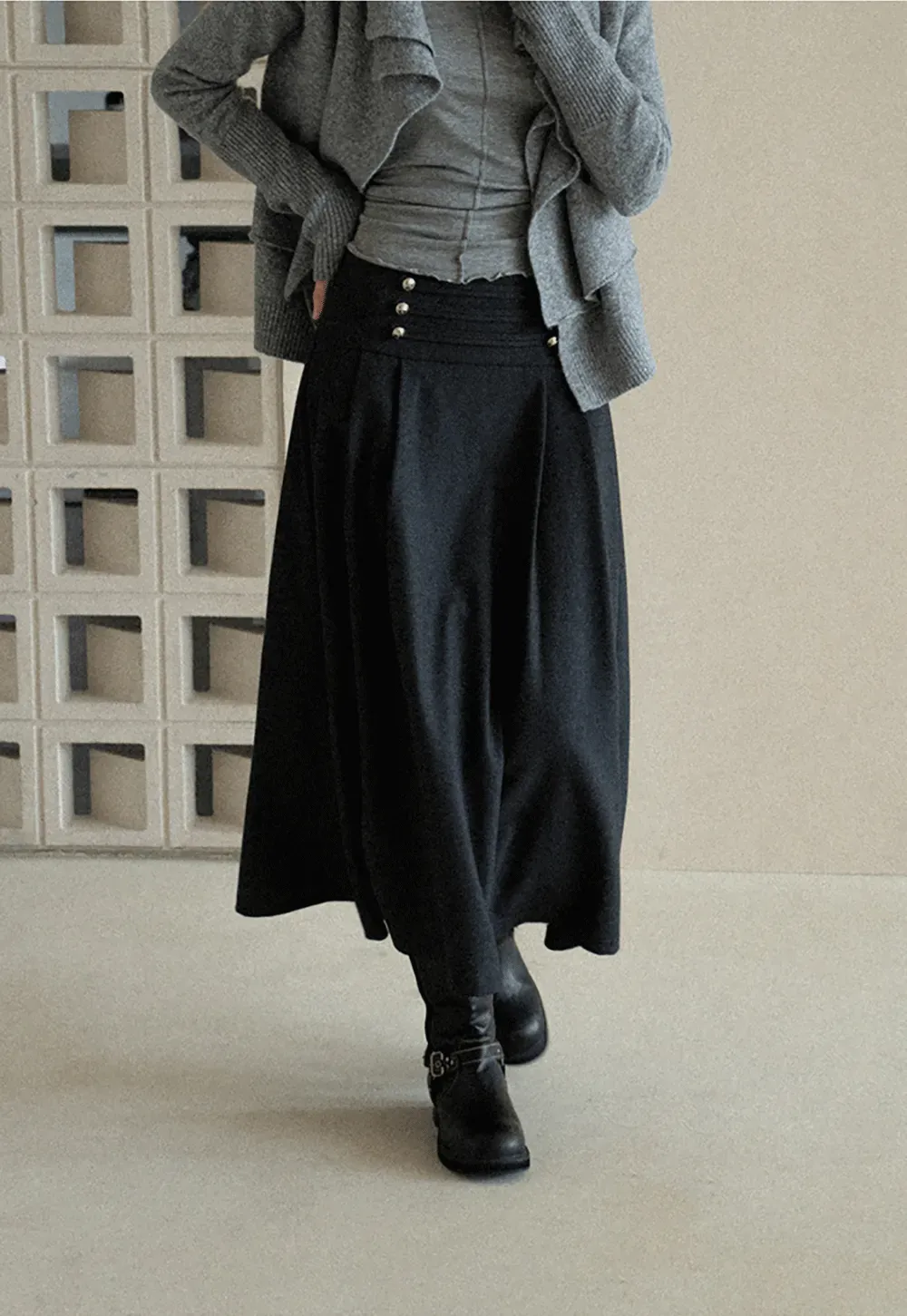 High Waist Pleated Skirt with Decorative Buttons