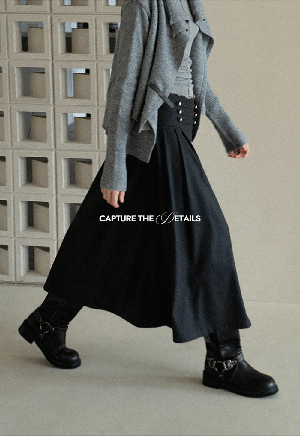 High Waist Pleated Skirt with Decorative Buttons