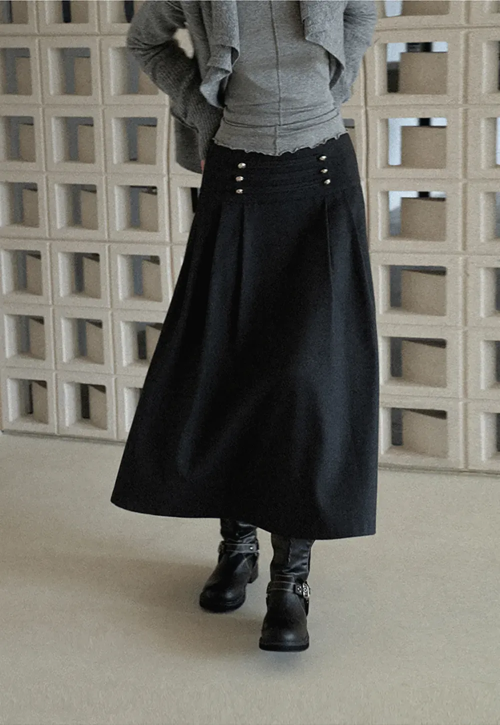 High Waist Pleated Skirt with Decorative Buttons