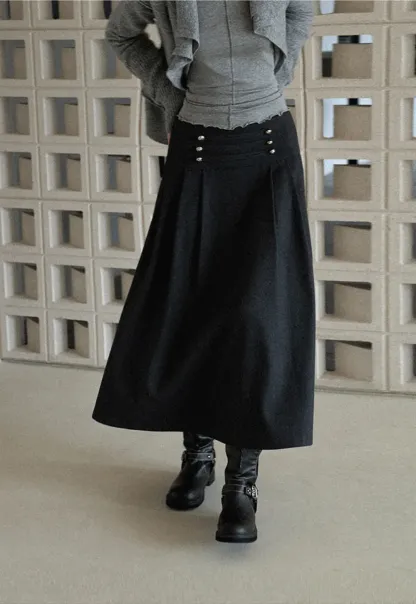 High Waist Pleated Skirt with Decorative Buttons