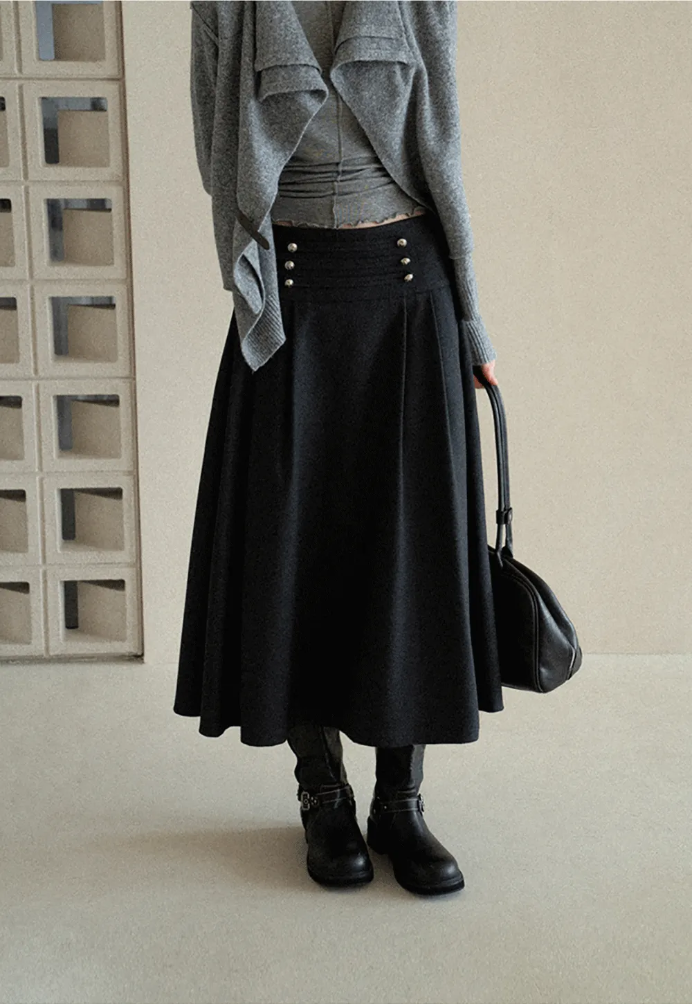 High Waist Pleated Skirt with Decorative Buttons