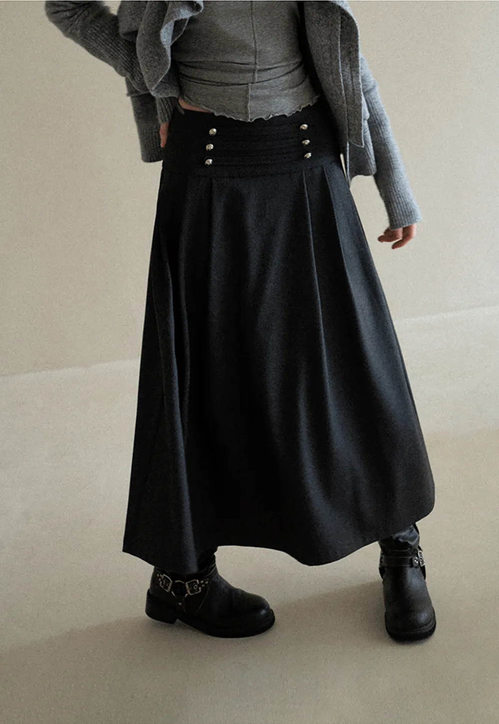 High Waist Pleated Skirt with Decorative Buttons