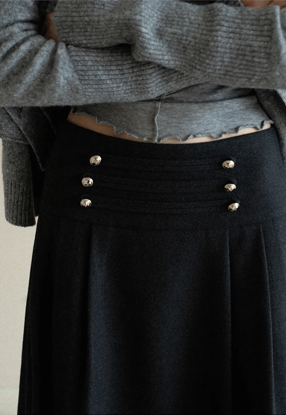 High Waist Pleated Skirt with Decorative Buttons