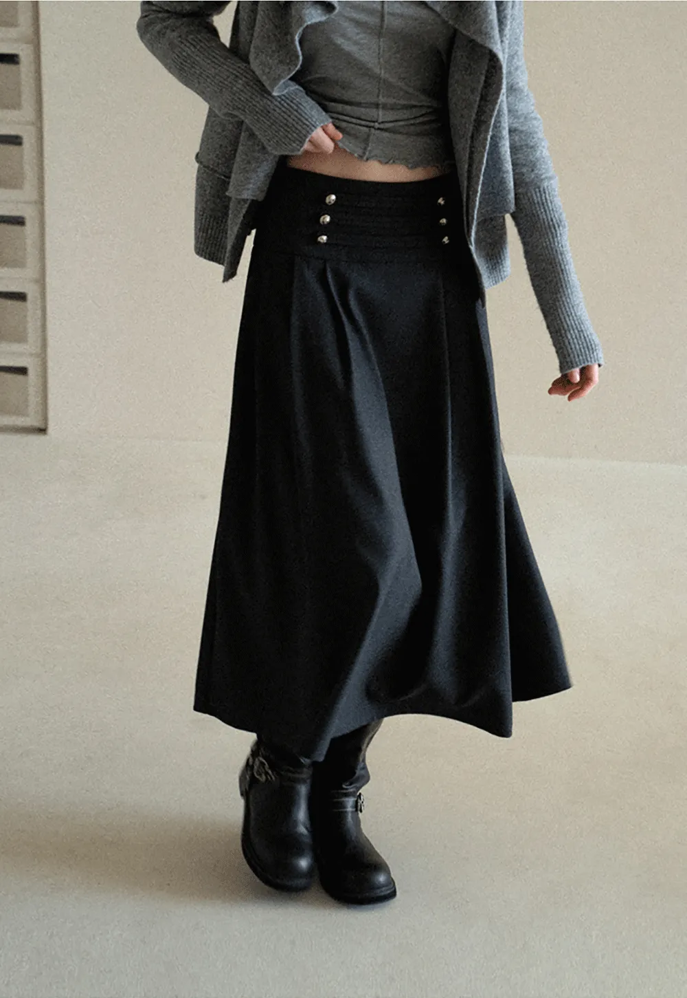 High Waist Pleated Skirt with Decorative Buttons