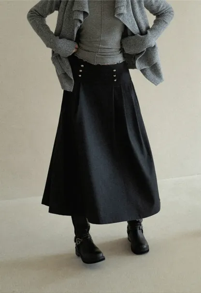 High Waist Pleated Skirt with Decorative Buttons