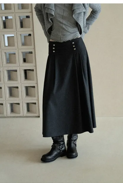 High Waist Pleated Skirt with Decorative Buttons