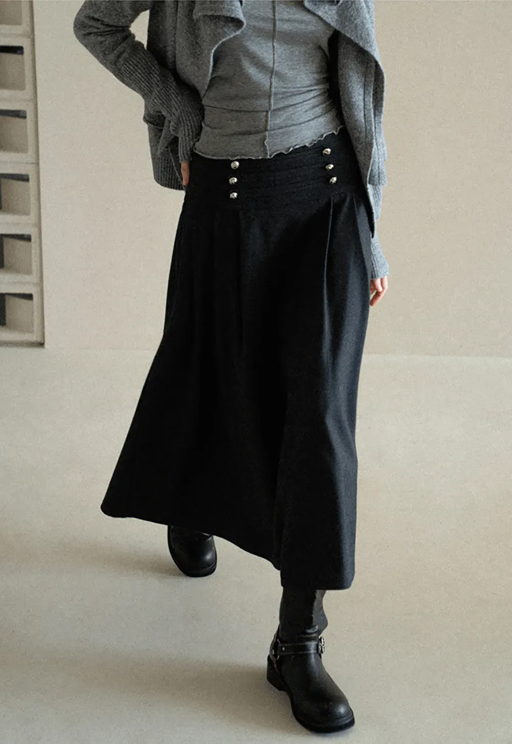 High Waist Pleated Skirt with Decorative Buttons