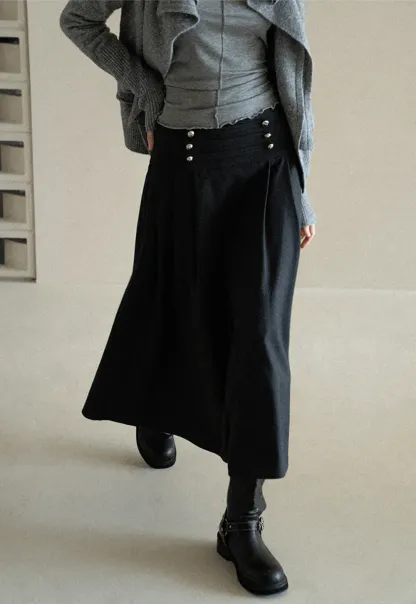 High Waist Pleated Skirt with Decorative Buttons