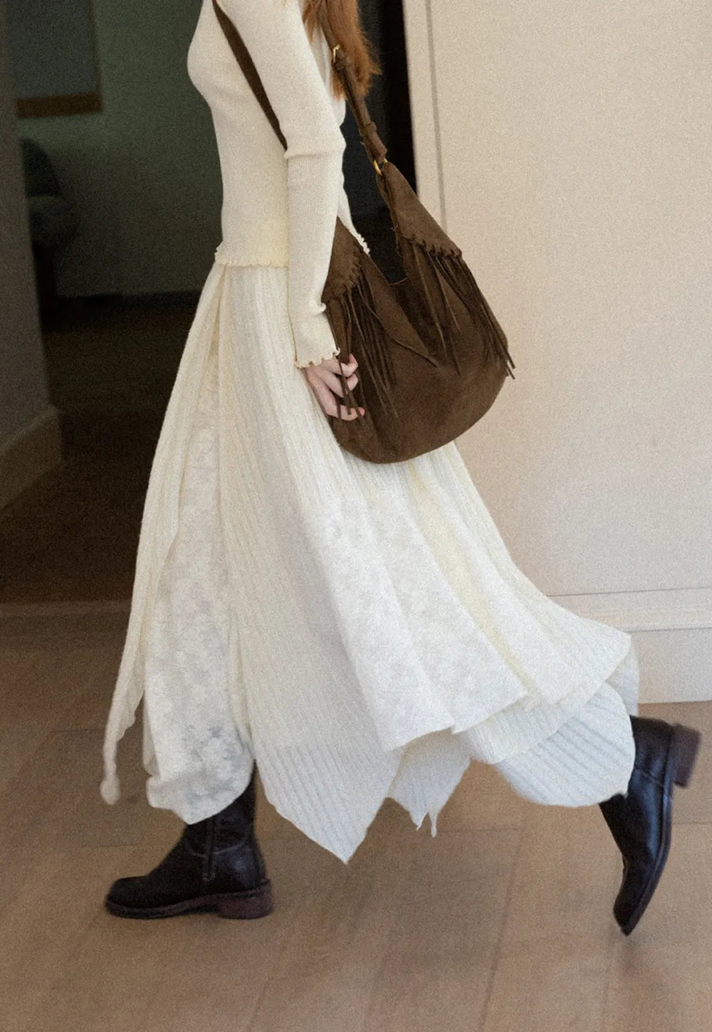 Asymmetrical Hem Ribbed Knit Skirt