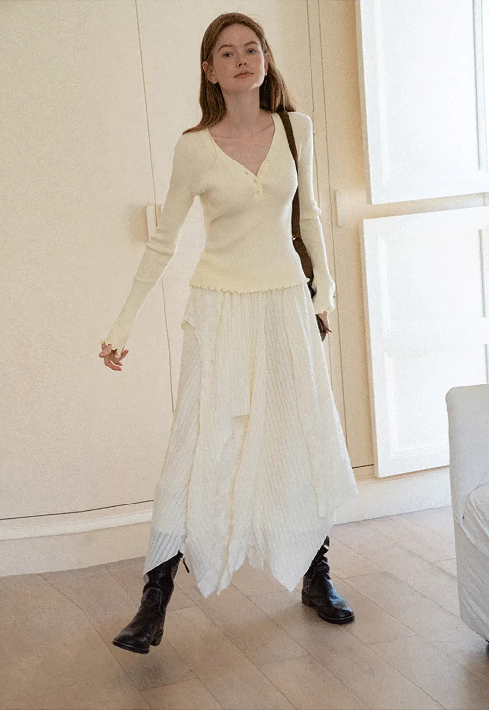 Asymmetrical Hem Ribbed Knit Skirt