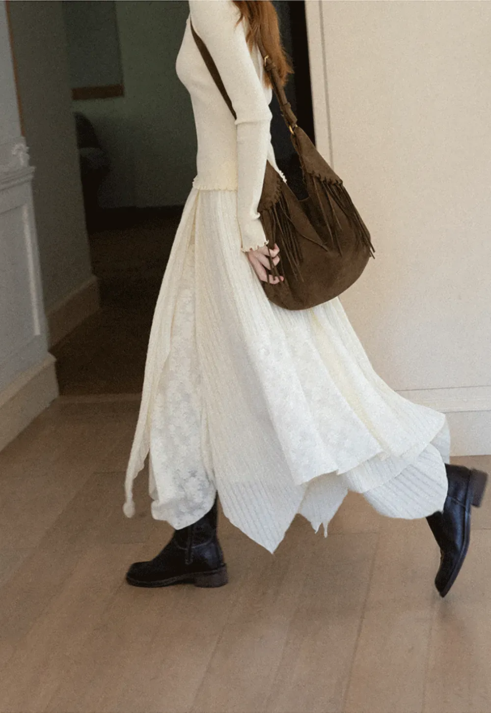 Asymmetrical Hem Ribbed Knit Skirt