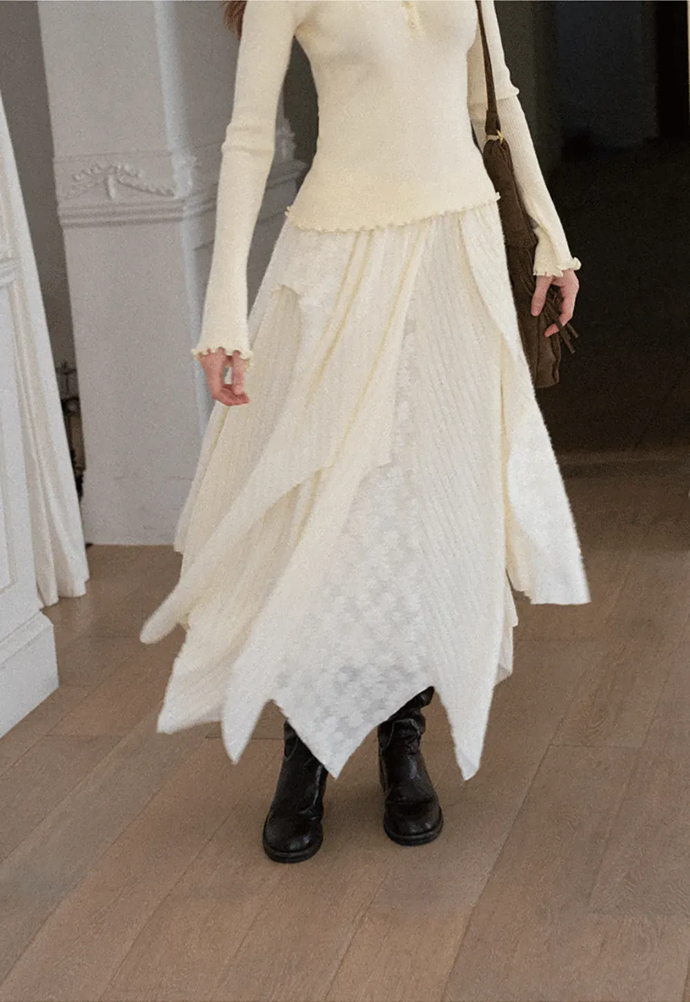 Asymmetrical Hem Ribbed Knit Skirt