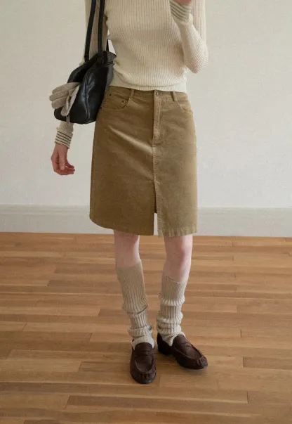 Corduroy A-Line Skirt with Front Slit